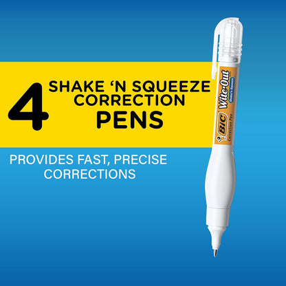 BIC Wite-Out Brand Shake 'n Squeeze Correction Pen, 8 ML Correction Fluid, 4-Count Pack of white Correction Pens, Fast, Clean and Easy to Use Pen Office or School Supplies