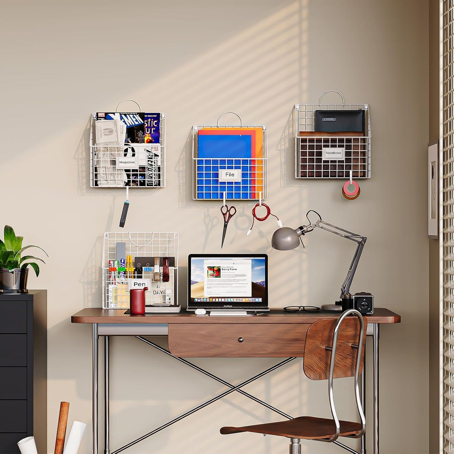 Yuzehuaza Hanging Wall File Organizer Metal Wall Mounted File Holder Folder with Handles and Hooks, Magazine Document Rack, for Home Office or Decor, 3 Packs (Patent Pending)