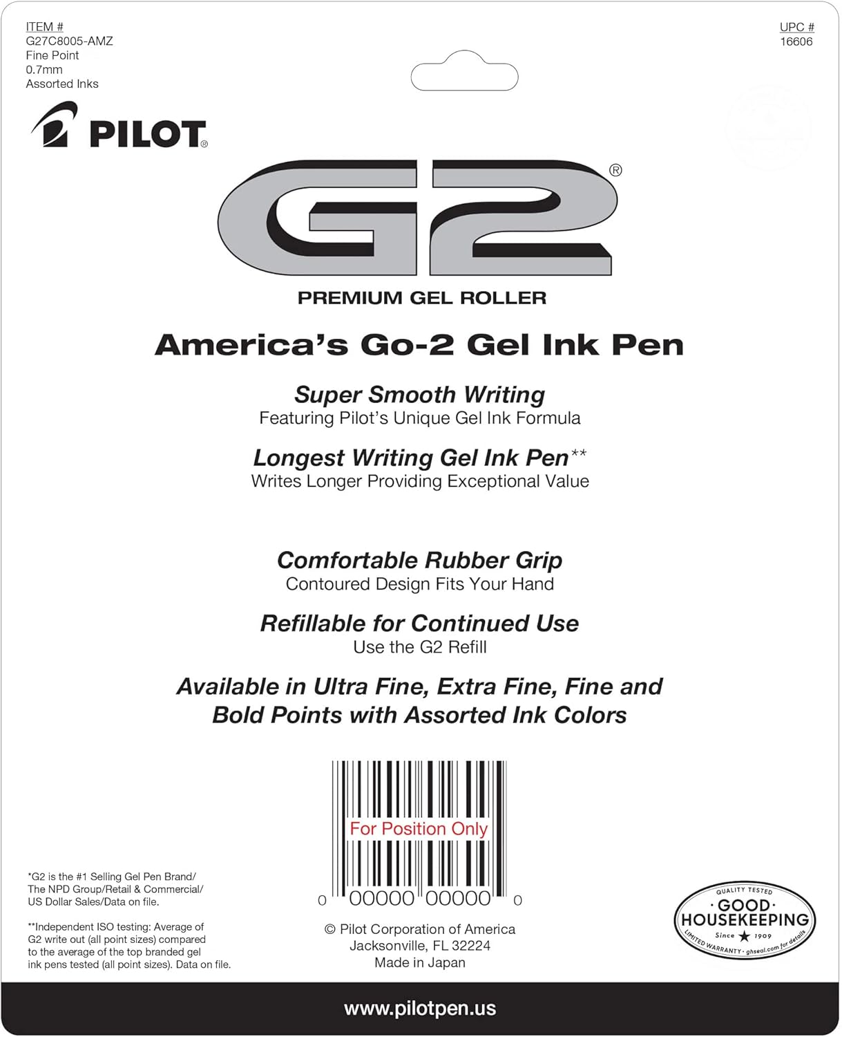 Pilot G2 Premium Refillable And Retractable Gel Ink Pens, Fine Point (0.7mm), 8 Colors, 8 Count (16606)