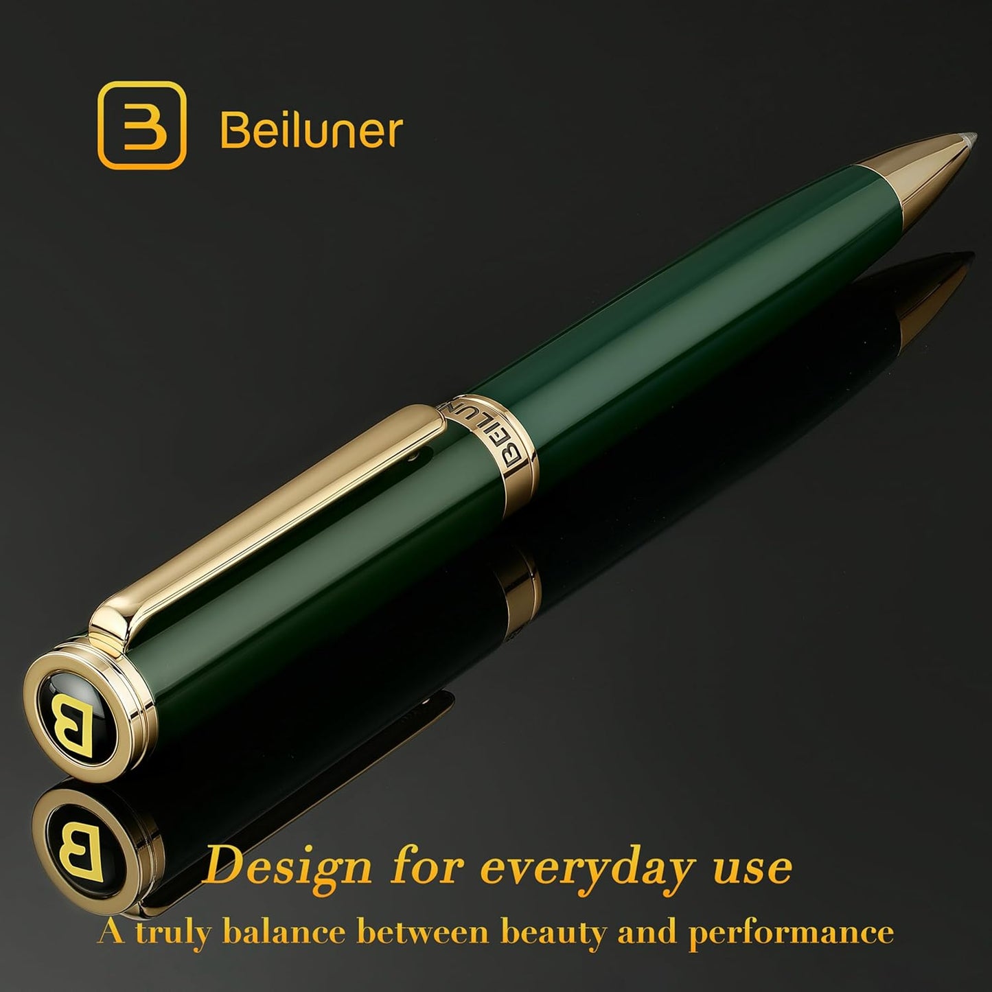 BEILUNER Luxury Gel Pen with 24K Gold Finish, Black Piano Lacquer, Luxury Grade Craftsmanship, Best Pen Gift Set for Men and Women, Professional, Executive, Office, Retractable Nice Pens