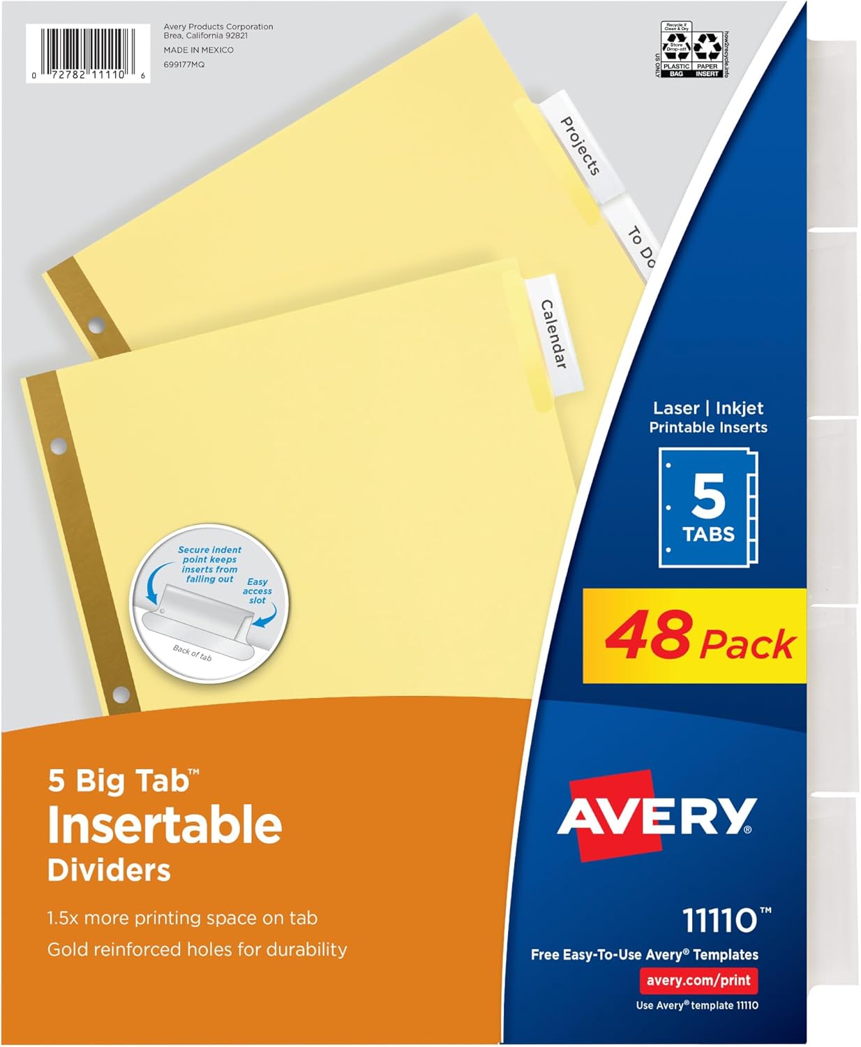 Avery Insertable Dividers for 3 Ring Binder, 5-Tab Set, Clear Big Tabs, Buff Paper with Gold-Reinforced, 24 Sets, Great for Organizing Projects, Reports, Finances, and More (11113)