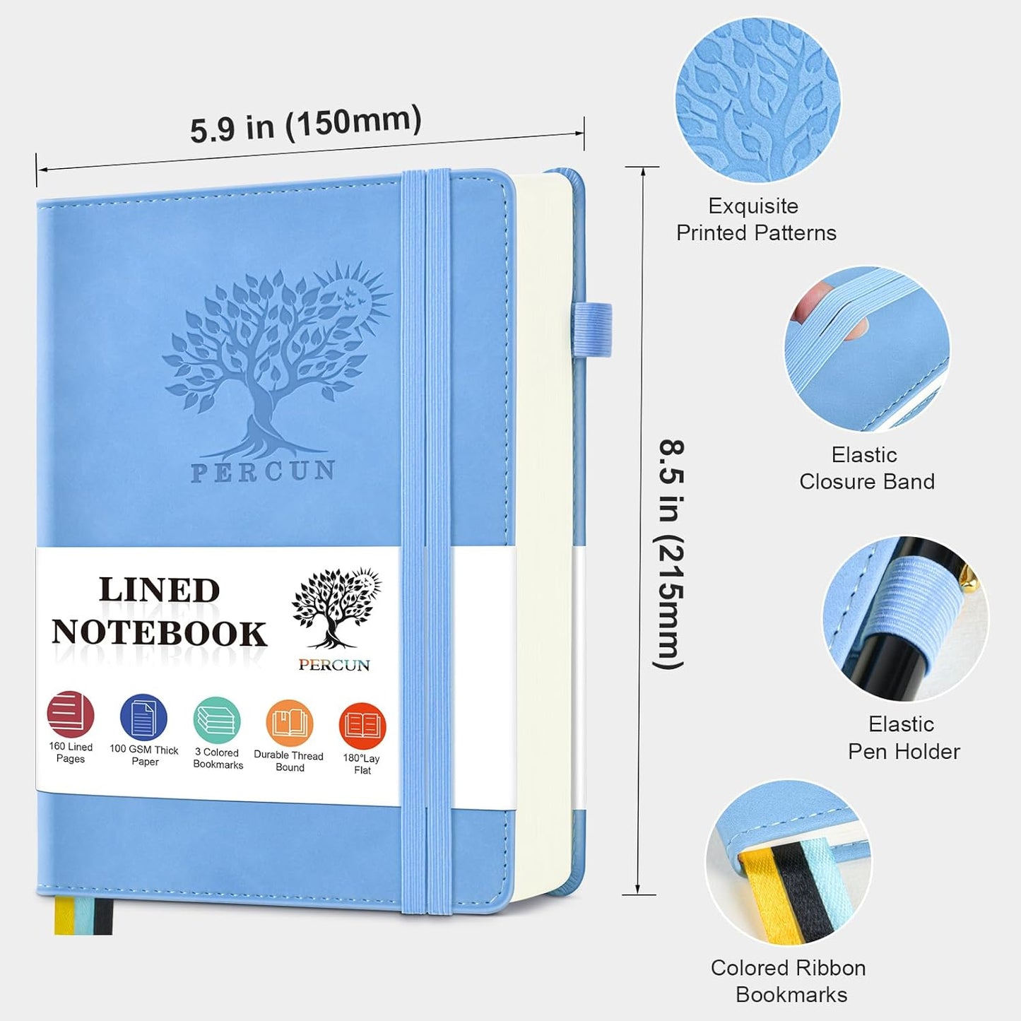 PERCUN Graph Paper Notebook, 160 Pages Grid Journal for women & men, A5 Hardcover Leather Graphing Notebook for School, Work, Travel, Note Taking 5.9”x8.5” (Black)
