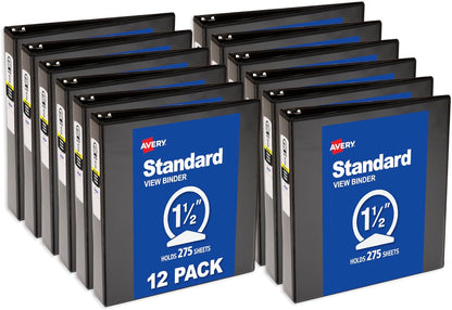 Avery Standard View 3 Ring Binders, 0.5" Round Rings, 100-Sheet Capacity, 0.7 Inch Wide Spine, Black Binders, Ideal for Lightweight Organization and Occasional Referencing (12-Pack of 05705)