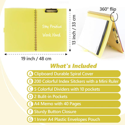 Clipboard Folio with Notepad, Multifunctional Clipboard Folder with Storage, 5 Folders with 11 Pockets, Waterproof Organizer with Refillable Notepad 40 Pages, Lightweight, Button Closure (Macron Pink)