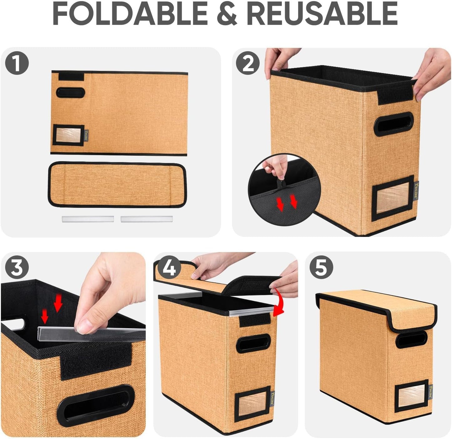 BALEINE File Organizer Box with Lid, Collapsible File Folder Organizer with Plastic Slide, Hanging File Folder Box for Office Document Storage (1 Pack, Black)