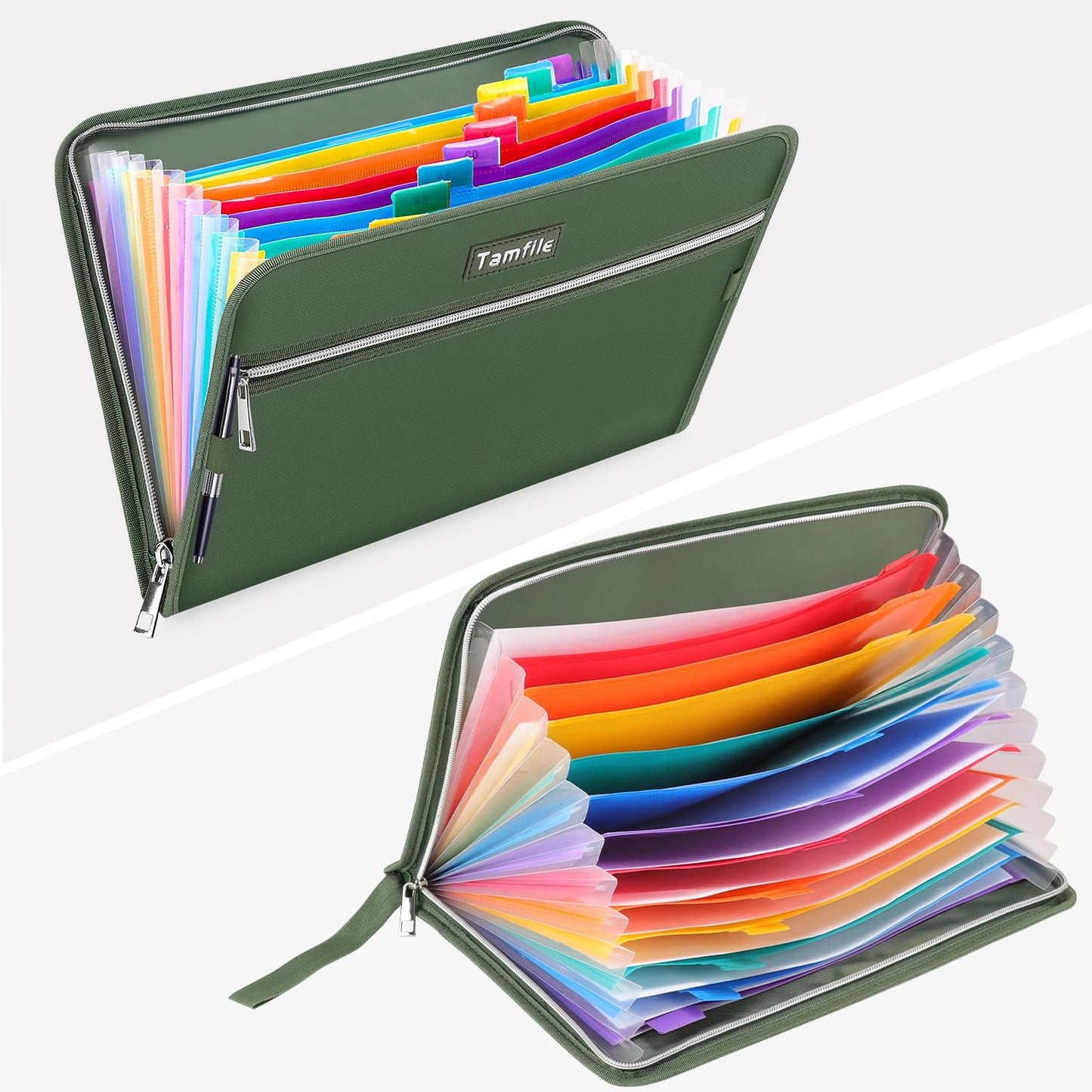 Tamfile Fireproof Accordion File Organizer with Handle, 13 Pocket Transparent Expanding File Folder with Zipper & Labels, File Folder with Multi-Pockets Paper Organizer Folder for Letter A4 Files