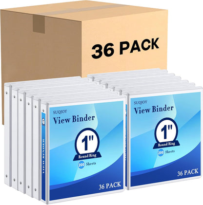 1/2 Inch 3-Ring Binder, 0.5-inch Round Ring Binder with 2 Inside Pockets, 12 Pack White Binders, Clear View CoverBinder Holds 8.5'' x 11''Paper for Office/Home/Back to School
