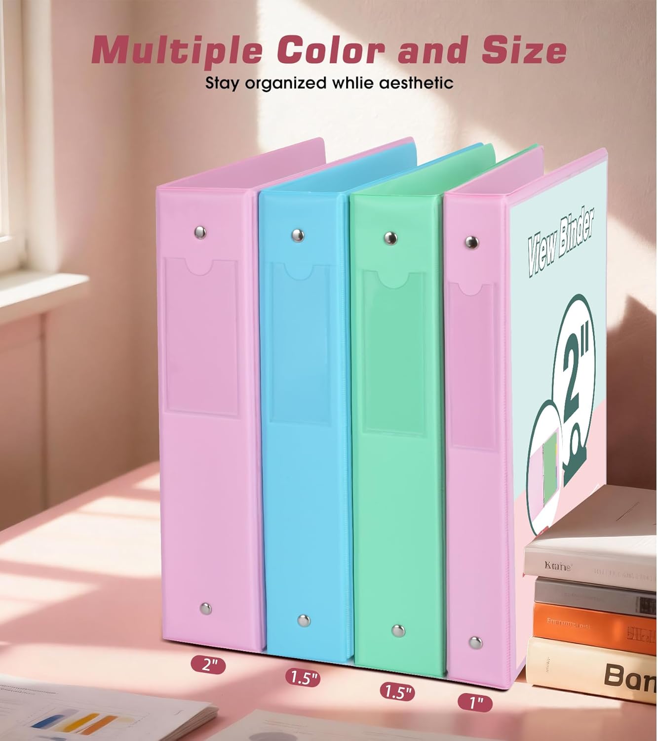 3 Ring Binder 1.5 inch，Cute Binder Organizer with 5 Tab Dividers Fits 175 Sheets of 8.5x11 Paper,Customizable Clear Cover with Inside Pockets,Aesthetic 1.5" Three Ring Binders for School Office,Purple