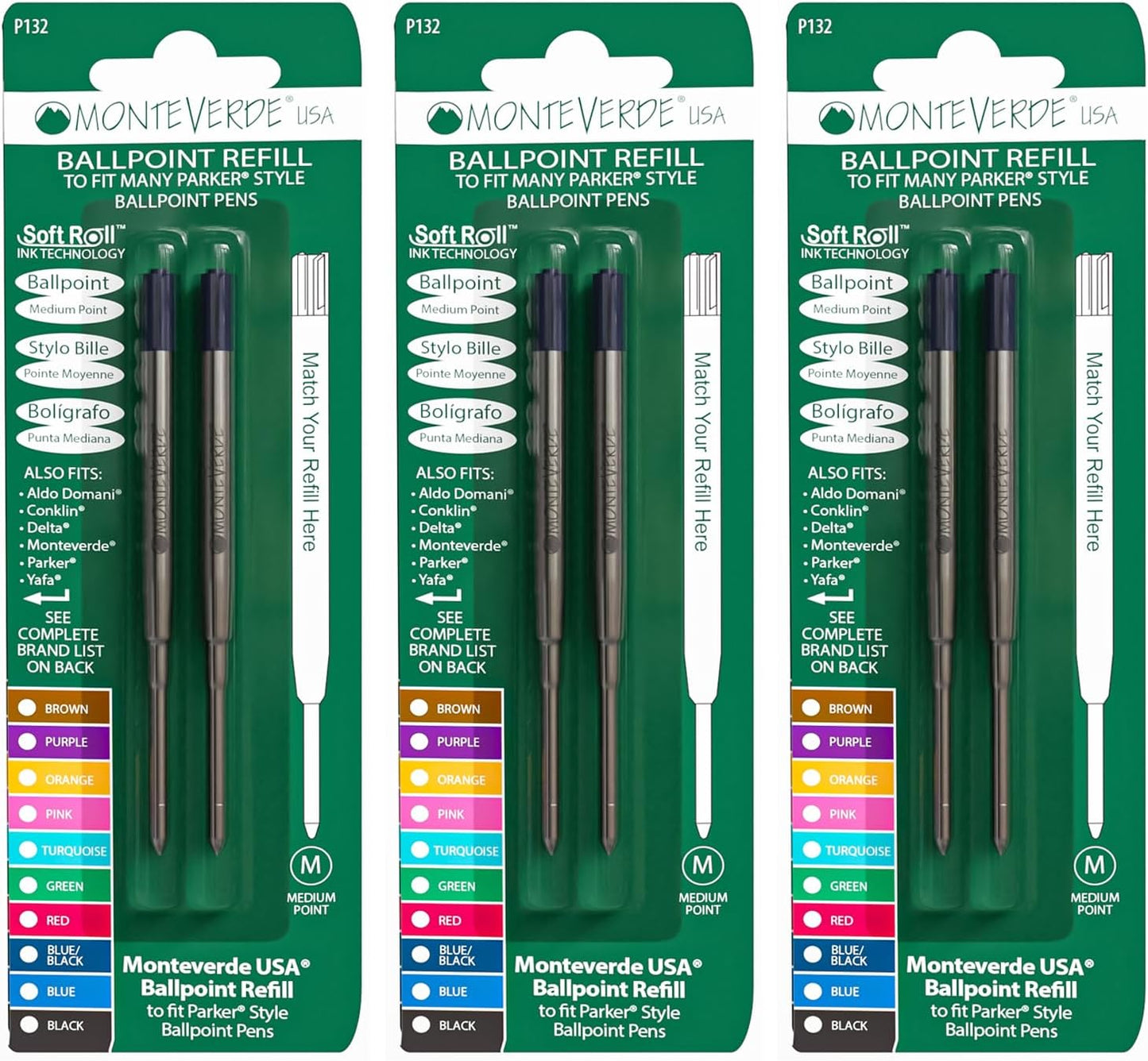 Monteverde Soft Roll Ballpoint Pen Refills to Fit Parker-Style Pens, Medium Point, Brown, 2-Pack, Smooth Writing Technology for Parker, Conklin, Schmidt, and More