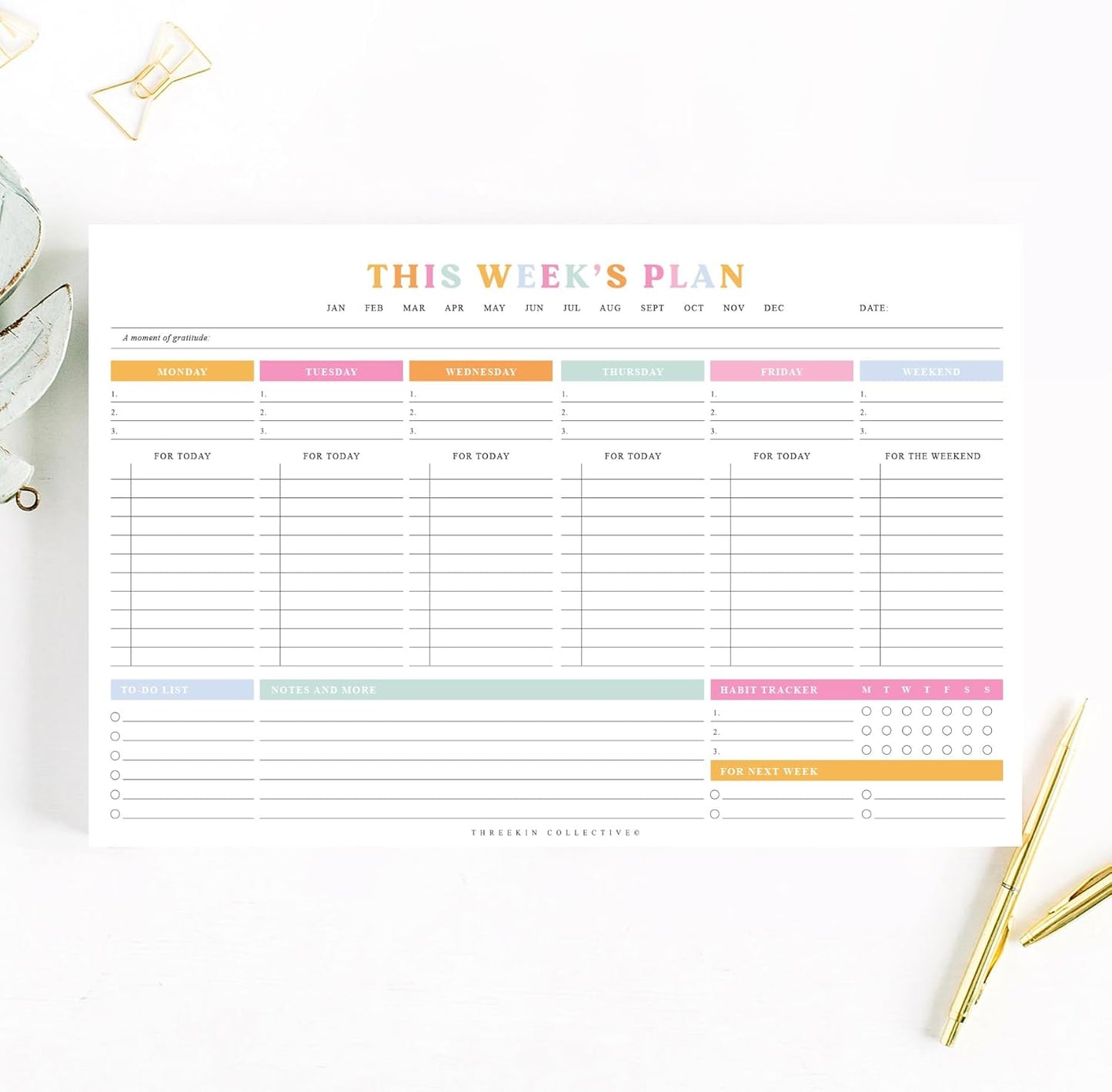ThreeKin Weekly Planner - Premium 52-Sheet Tear-Off Notepad, 8.5 x 11 inches, Clean Colorful Design, Perfect for Work, School, Projects, and Entrepreneurs, Female & USA Owned Business
