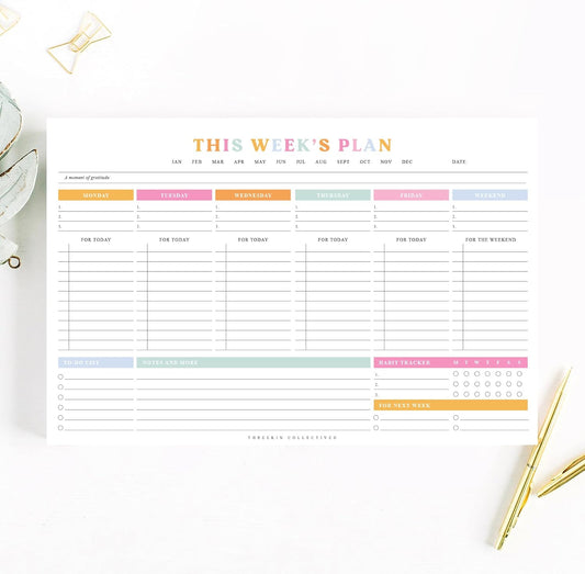 ThreeKin Weekly Planner - Premium 52-Sheet Tear-Off Notepad, 8.5 x 11 inches, Clean Colorful Design, Perfect for Work, School, Projects, and Entrepreneurs, Female & USA Owned Business