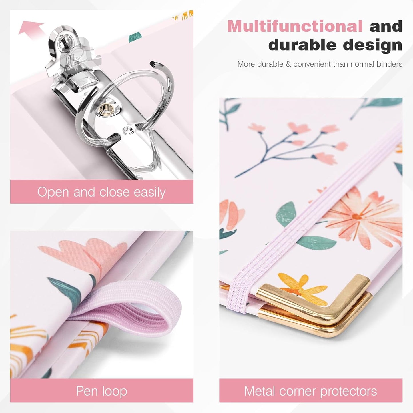 Ospelelf Binder 3 Ring 1 Inch, Floral Round Ring Clipboard Binder for Letter Size with 5 Tab Dividers, File Folder Labels, for School and Office Supplies