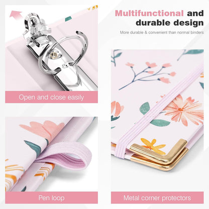 Ospelelf Binder 3 Ring 1 Inch, Floral Round Ring Clipboard Binder for Letter Size with 5 Tab Dividers, File Folder Labels, for School and Office Supplies