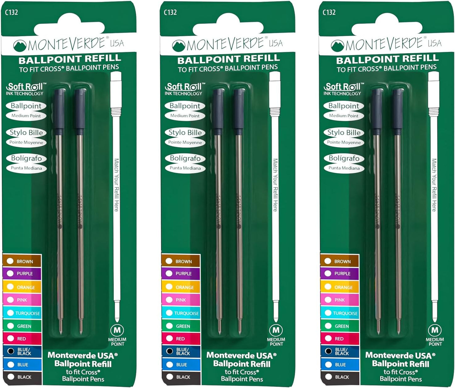 Monteverde USA Soft Ballpoint Refills to Fit Cross Pens, Medium Point, Green Ink, 2-Pack – Bold and Smooth Writing Solution