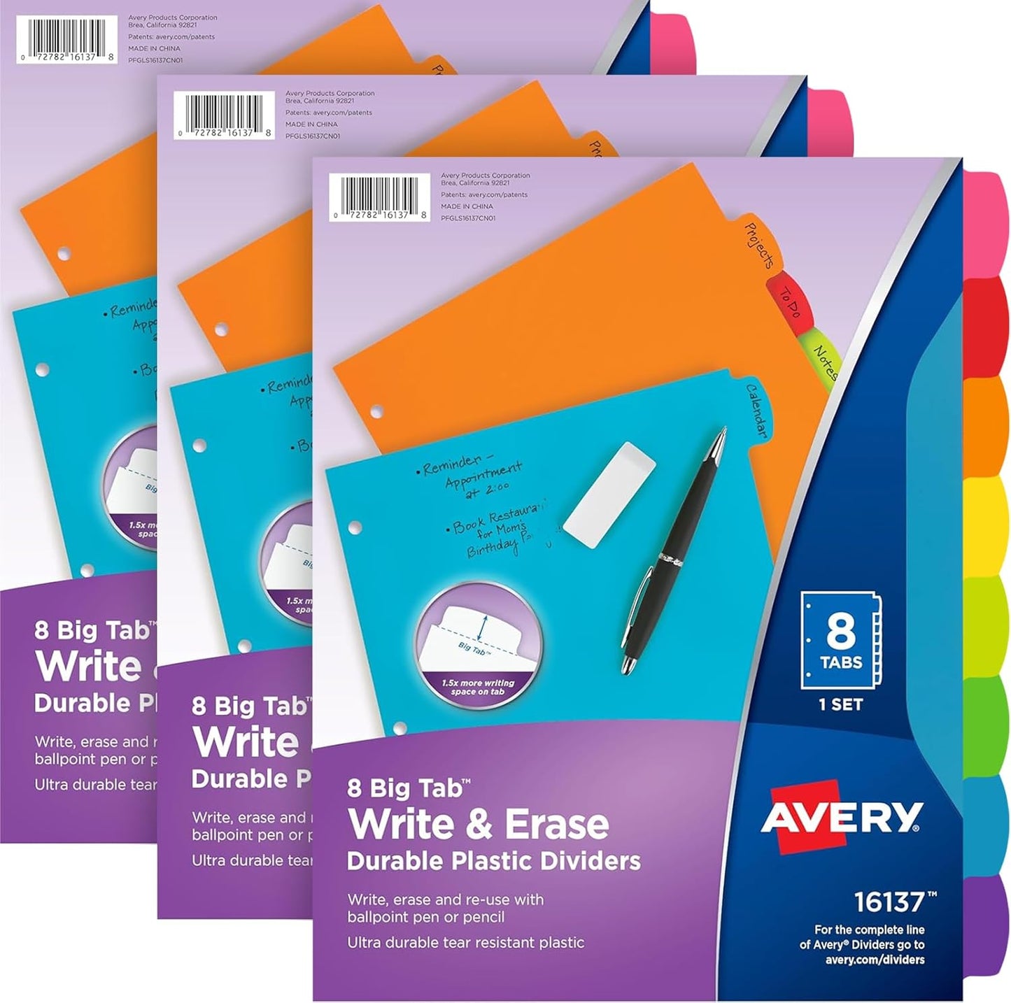 Avery Write & Erase 8 Tabs Plastic Divider for 3 Ring Binders, 3 Sets (8 Colors)