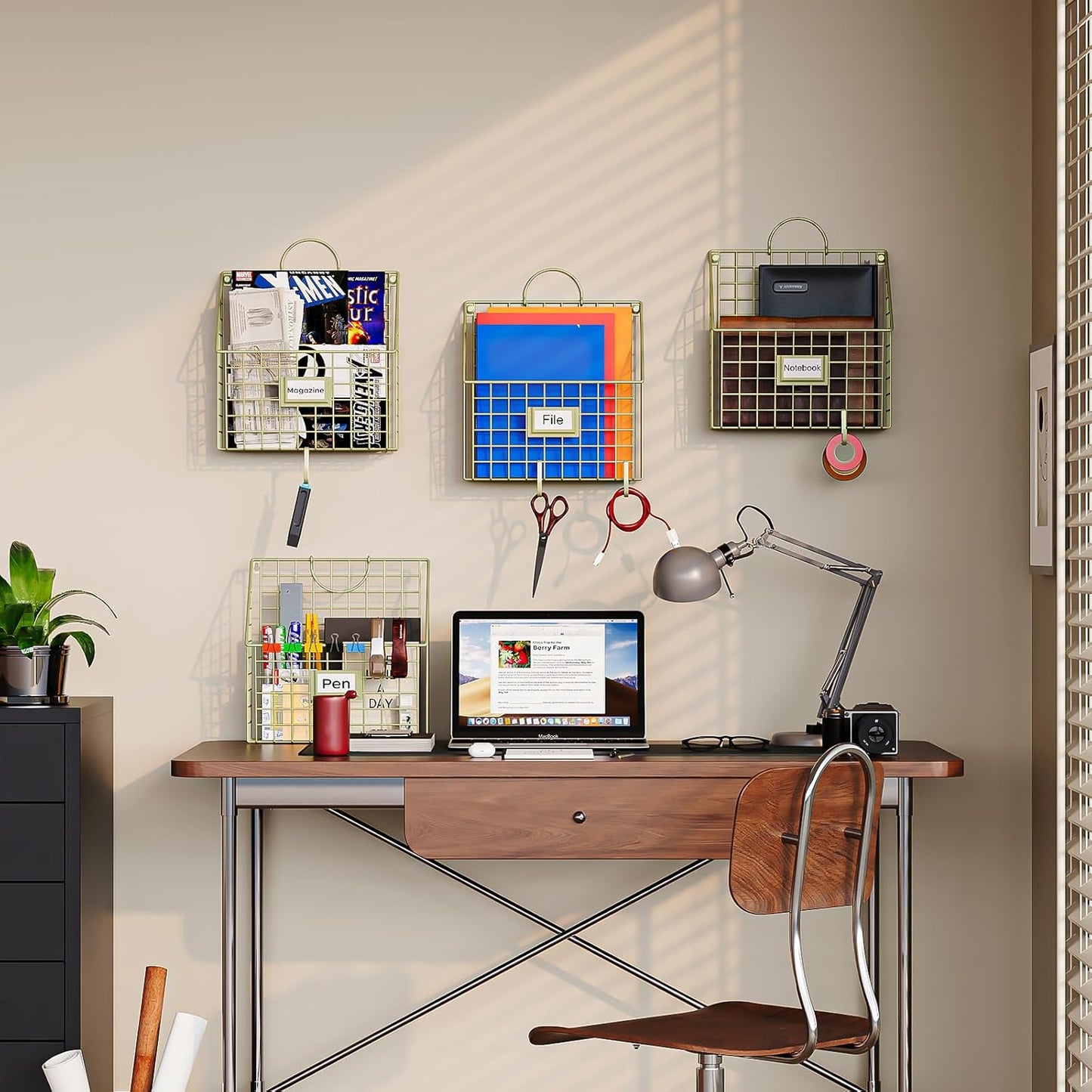 Yuzehuaza Hanging Wall File Organizer Metal Wall Mounted File Holder Folder with Handles and Hooks, Magazine Document Rack, for Home Office or Decor, 3 Packs (Patent Pending)