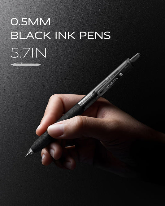 STAGEEK 0.5mm Gel Pens Fine Point Smooth Writing Pens, 12PCS Black Ink Pens, Retractable Leather-Like Black Gel Pens, Business Gel Pen for Journaling, Writing, School, Office Use (Black)