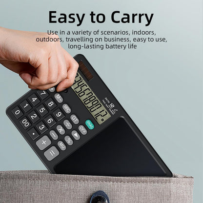 Desk Calculator with Erasable Writing Pad, 12-Digit Wide Screen Display, 100,000+ Reusable LCD Notepad, One-Click Clear & Lock Function, Solar and Battery Dual Power for Office,School,Business (Black)