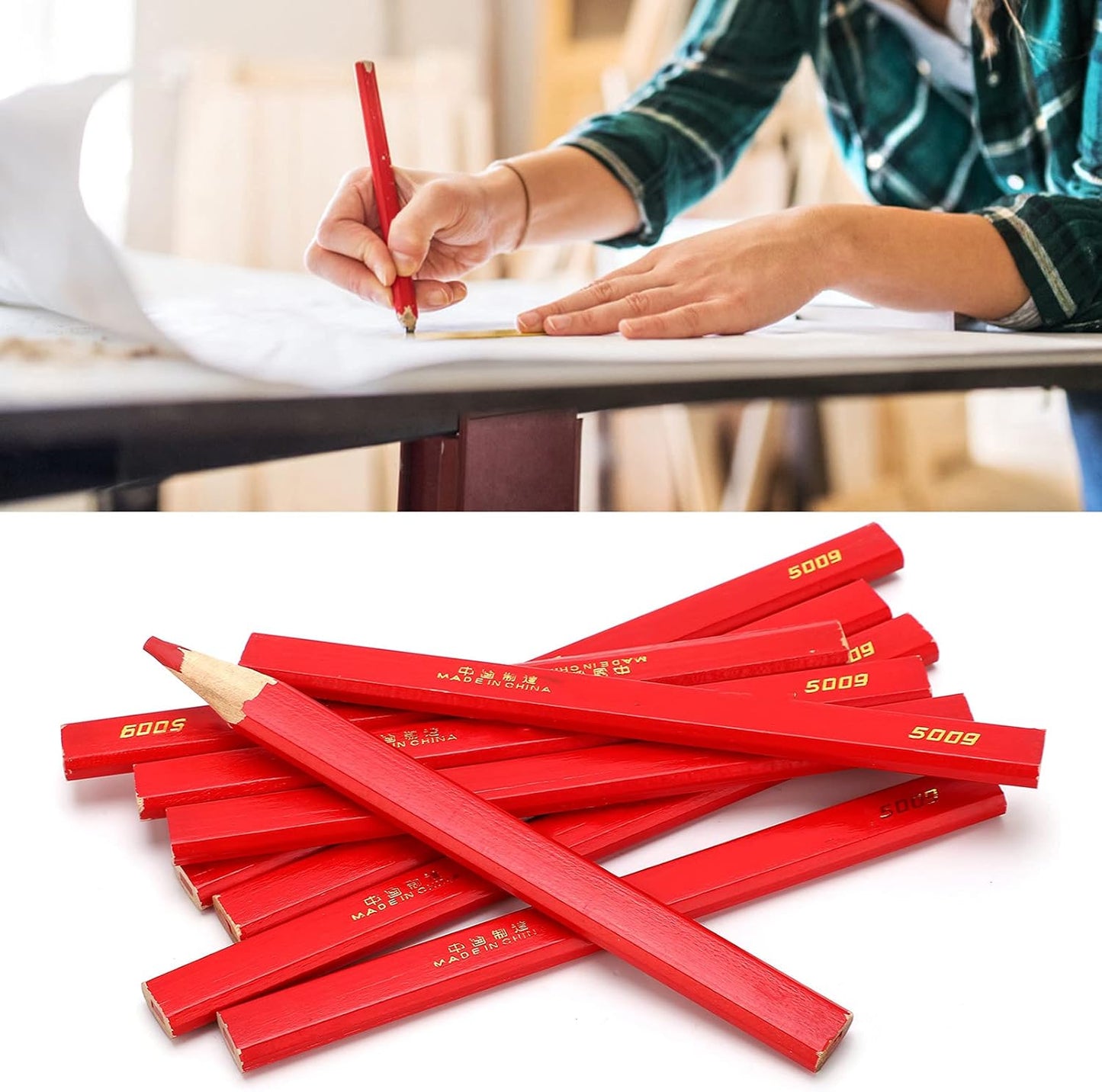 10Pcs Red Carpenter Pencils,170mm Flat Octagonal Carpentry Hard Construction Pencils, Wooden Lead Pencil, Flat Wooden Lead Carpenter for Wood Working Architect Marking(Red)