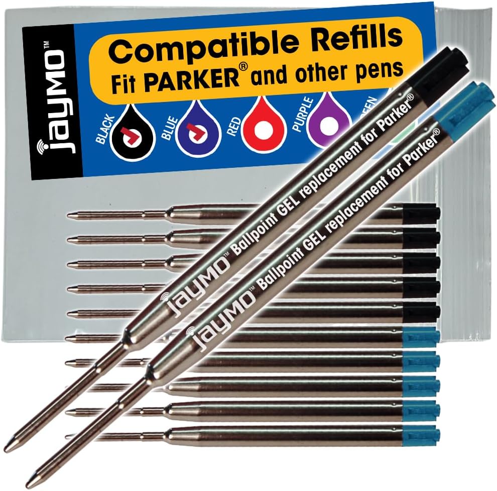 Jaymo Replacement for Parker 30525PP/30526PP and Bastion - Measures 3.875 in / 98 mm Long - G2 Gel Ballpoint Pen Refill - 2 Black + 2 Blue + Red + Purple
