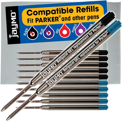 Jaymo Replacement for Parker 30525PP/30526PP and Bastion - Measures 3.875 in / 98 mm Long - G2 Gel Ballpoint Pen Refill - 2 Black + 2 Blue + Red + Purple