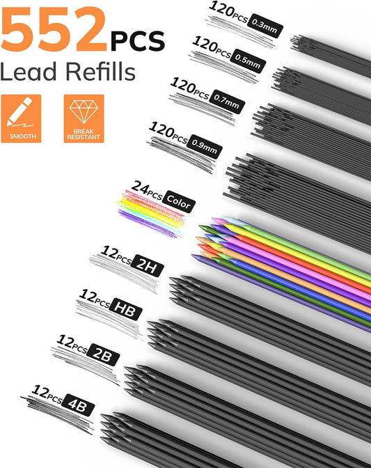 Four Candies 25PCS Mechanical Pencil Set with Case, Art Supplies with Metal Pencil 0.5, 0.7, 0.9 mm & 3PCS 2mm (HB 2H 2B 4B Color) & 432 Graphite Lead Refills, Technical Drawing Kit for Teen & Adults