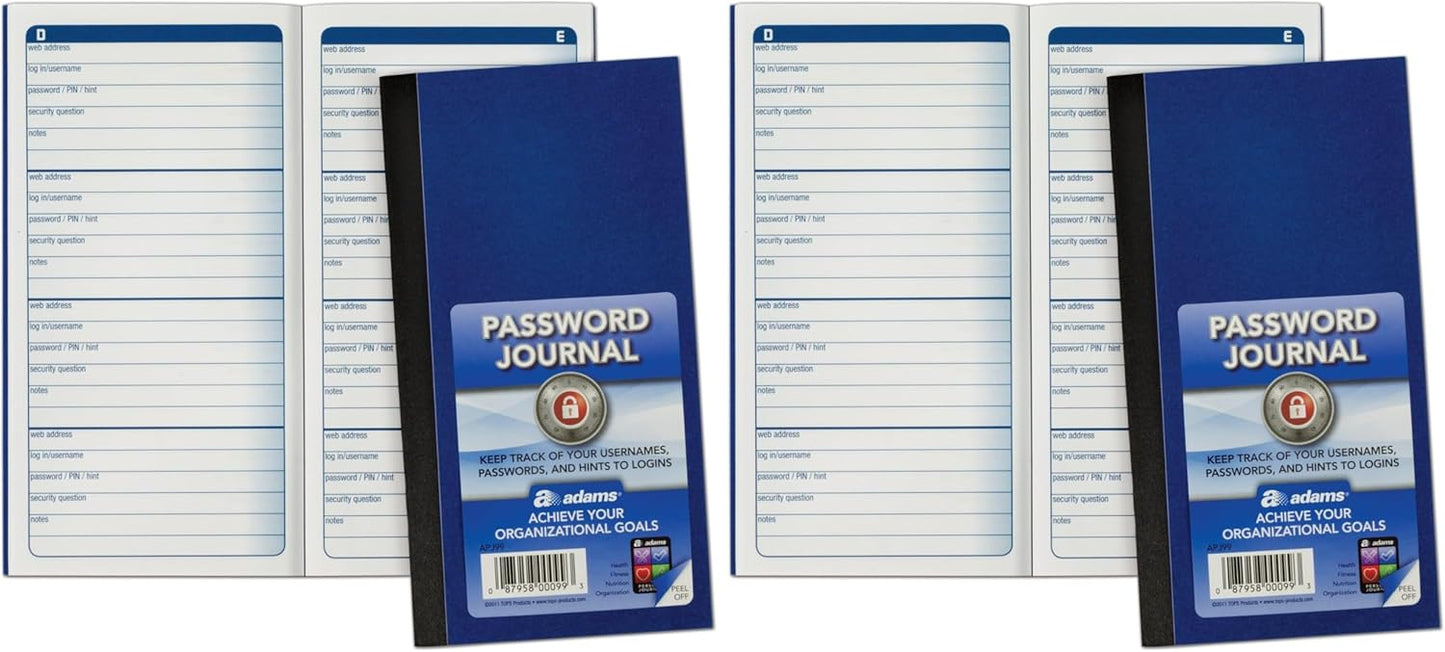 Adams Password Journal, 1 Count, 6.25 x 3.25 Inches, Blue, Alphabetically Organized with 4 Entries Per Page, 48 Pages, Pocket-Sized Login Companion (APJ99)
