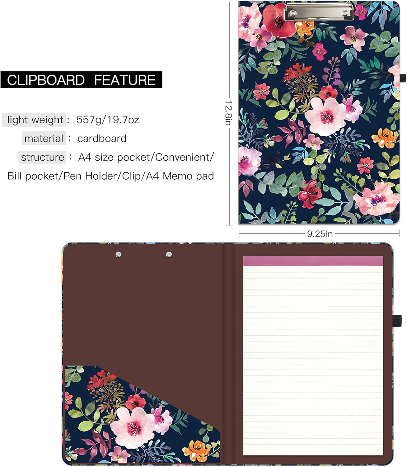 Hongri Clipboard Folio with Refillable Lined Notepad and Interior Storage Pocket for Students, Classroom, Office, Women, Man, Cute Custom Pattern, Size 12.8 x 9.2 in, Classic Flower