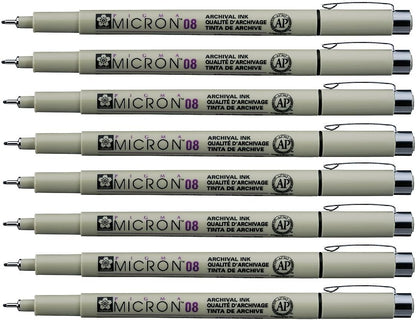 Sakura Pigma Micron pen 08 Black felt tip artist drawing pens - 8 pen set