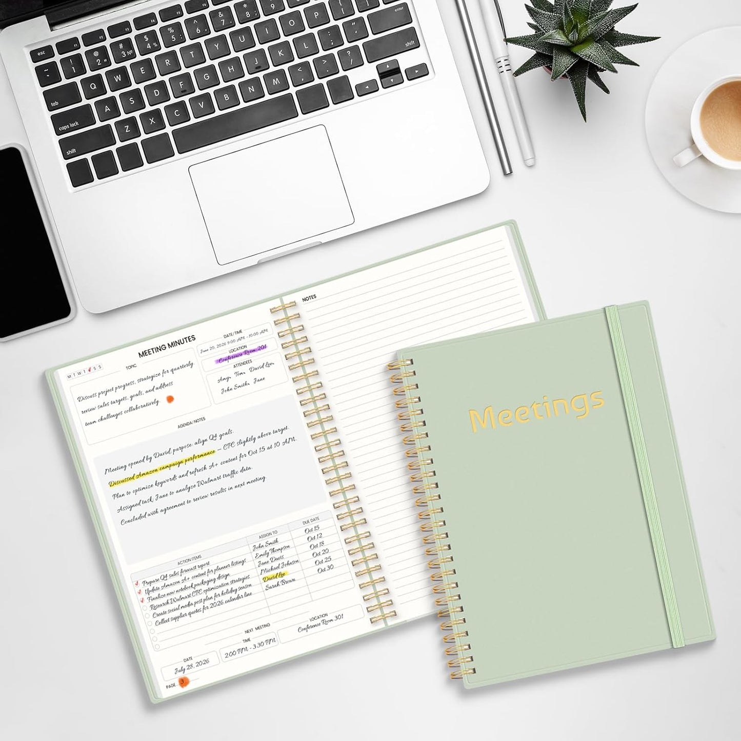 SUNEE Half Meeting Half Note 7"x10" Notebook for Work – 140 Pages, B5 Size Project Planner for Women&Men, Minutes Organizer for Meeting Notes, Ideas for Office/Business, PVC Waterproof Cover, Black