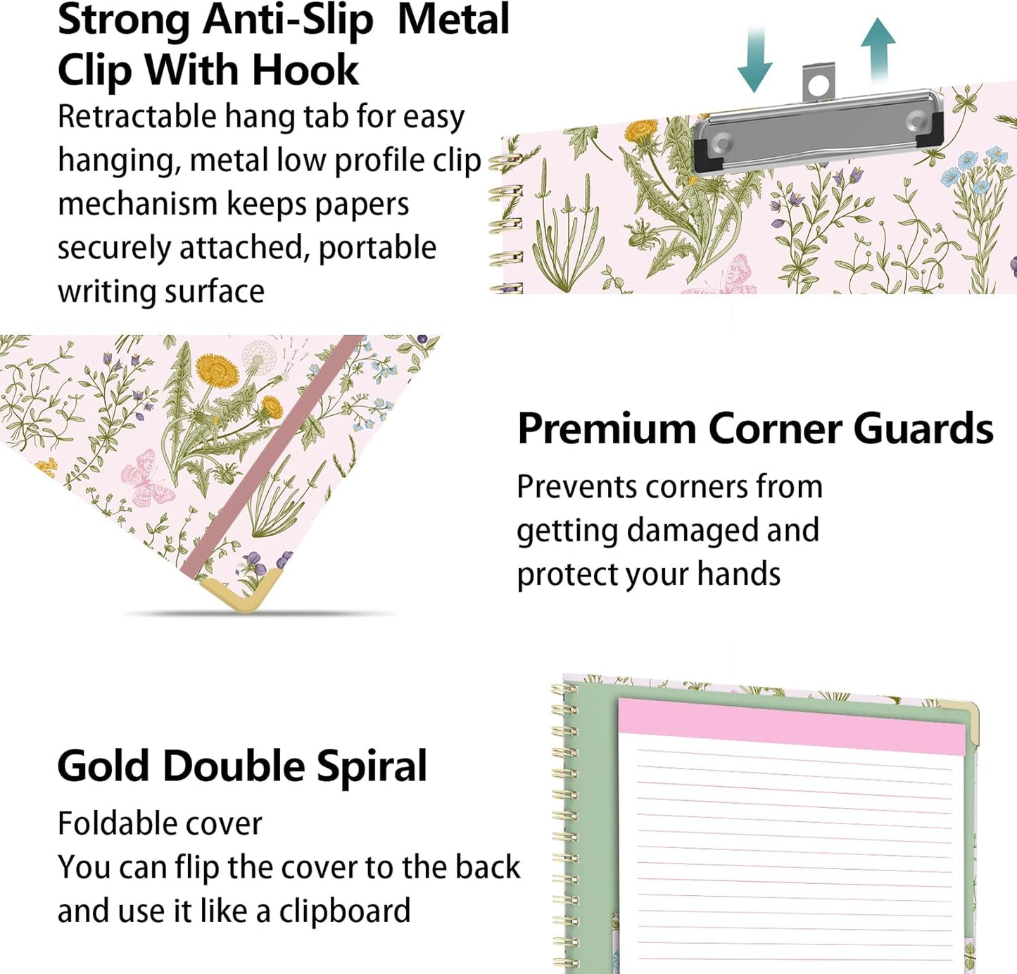 Clipboard Folder with Notepad Refillable Lined for Letter Size (11" x 8.5"), 5 Dividers with Storage 10 Pockets, Cute Spiral Foldable Clipboard with Metal Clip School Office Supplies (Sunflowers)