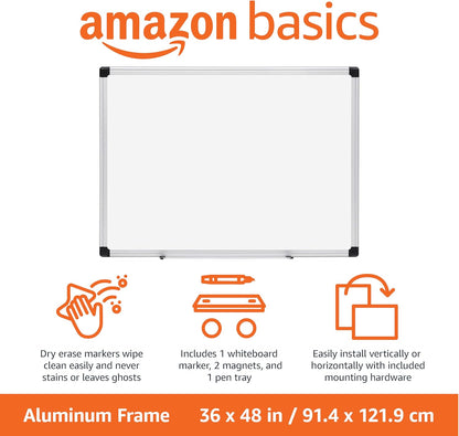Amazon Basics Magnetic Dry Erase Whiteboard, 36 x 48-inch, Aluminum Frame, Silver/White, Easy to Install