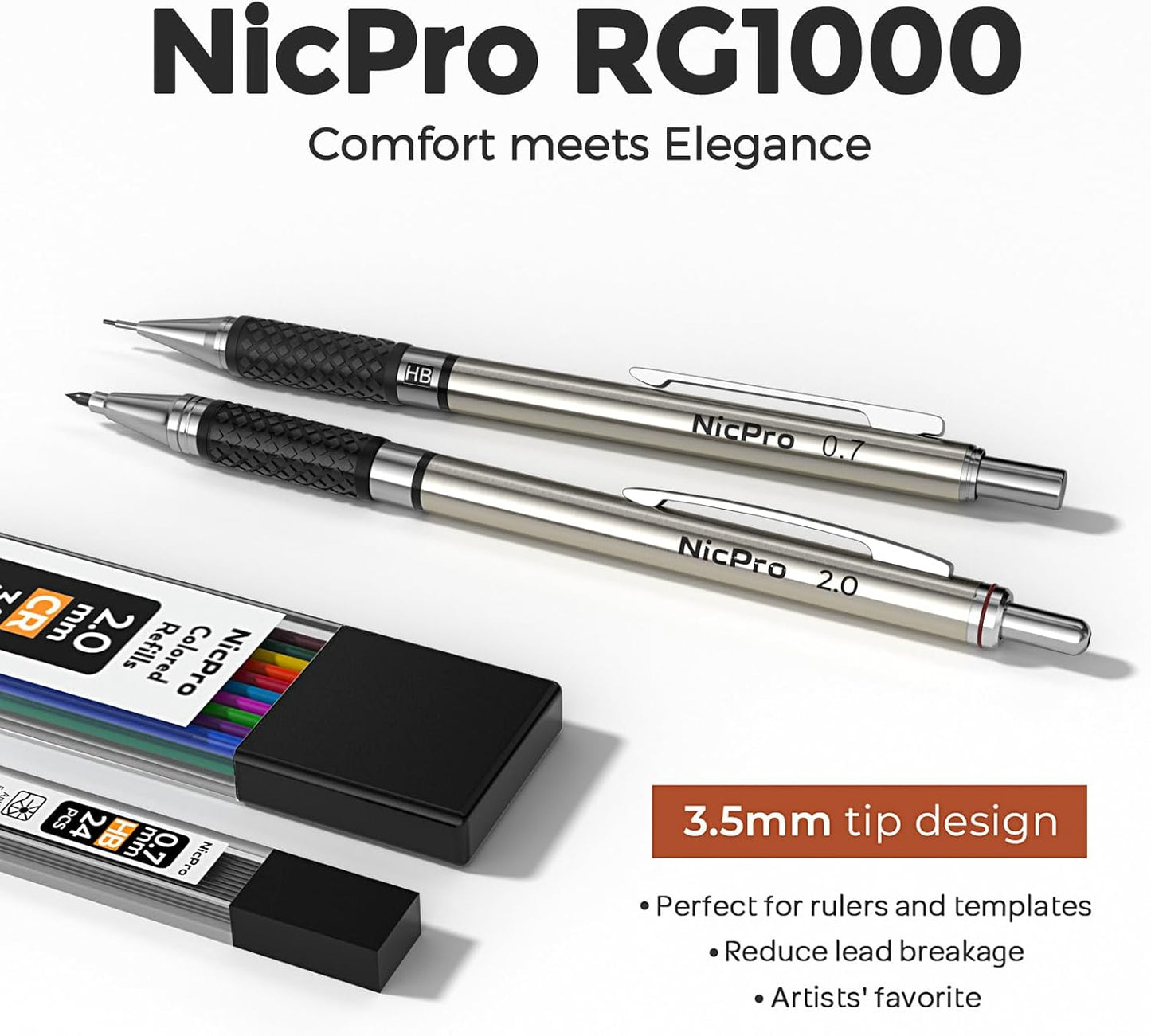 Nicpro 0.7 mm Art Mechanical Pencil Set in Storage Case, 3 PCS Metal Drafting Pencil Lead Pencil with 6 Tube HB Lead Refills, 3 Erasers, 9 PCS Eraser Refills for Artist Writing, Drawing, Sketching