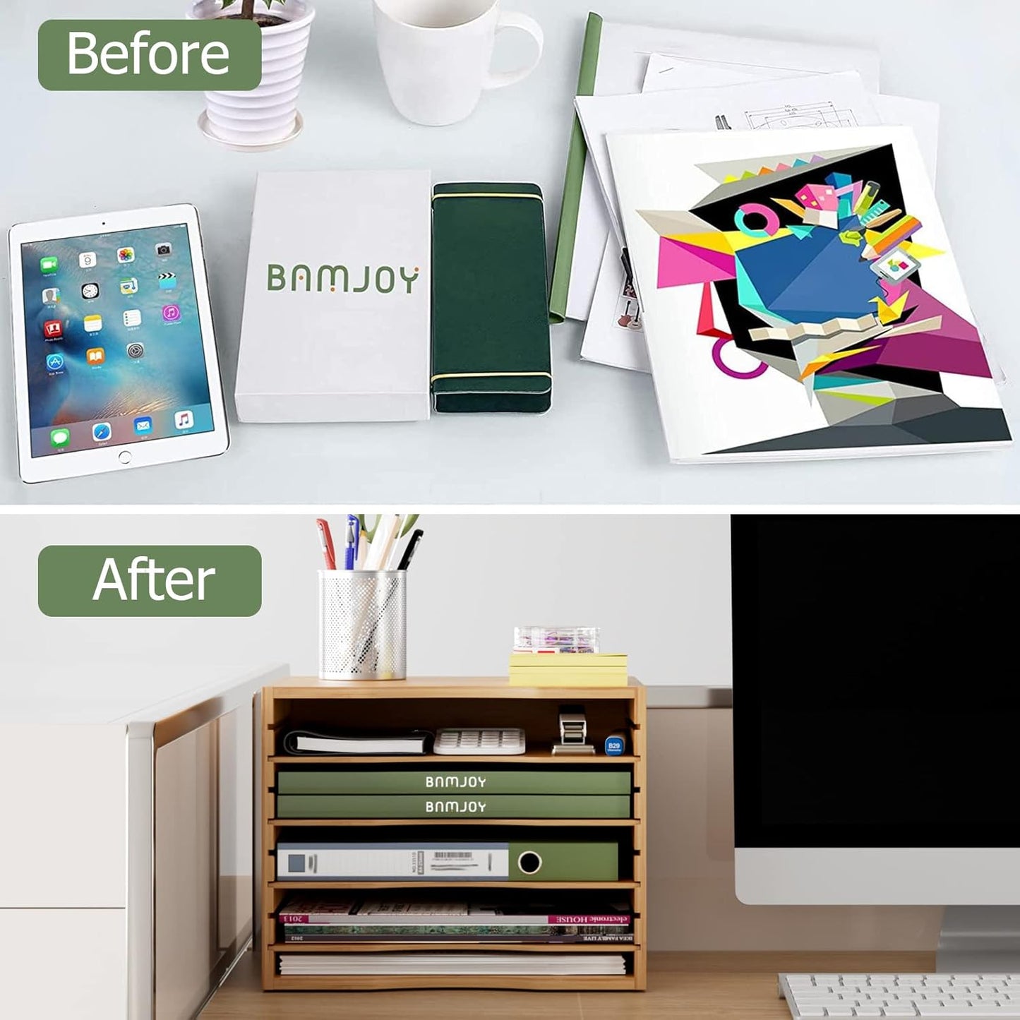 Bamjoy Bamboo 5 Tier Desktop Organizer, Paper Organizer Mail Sorter, File Holder Letter Document Storage with Adjustable Shelves for School Home Office, White
