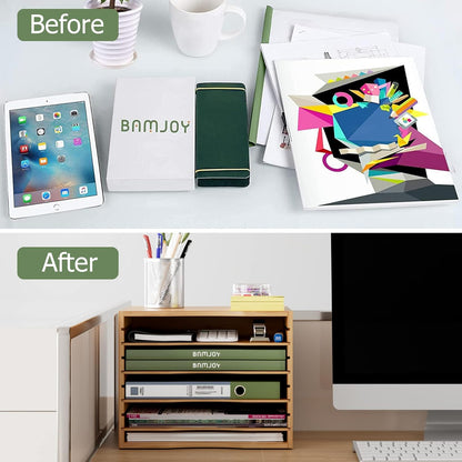 Bamjoy Bamboo 5 Tier Desktop Organizer, Paper Organizer Mail Sorter, File Holder Letter Document Storage with Adjustable Shelves for School Home Office, White