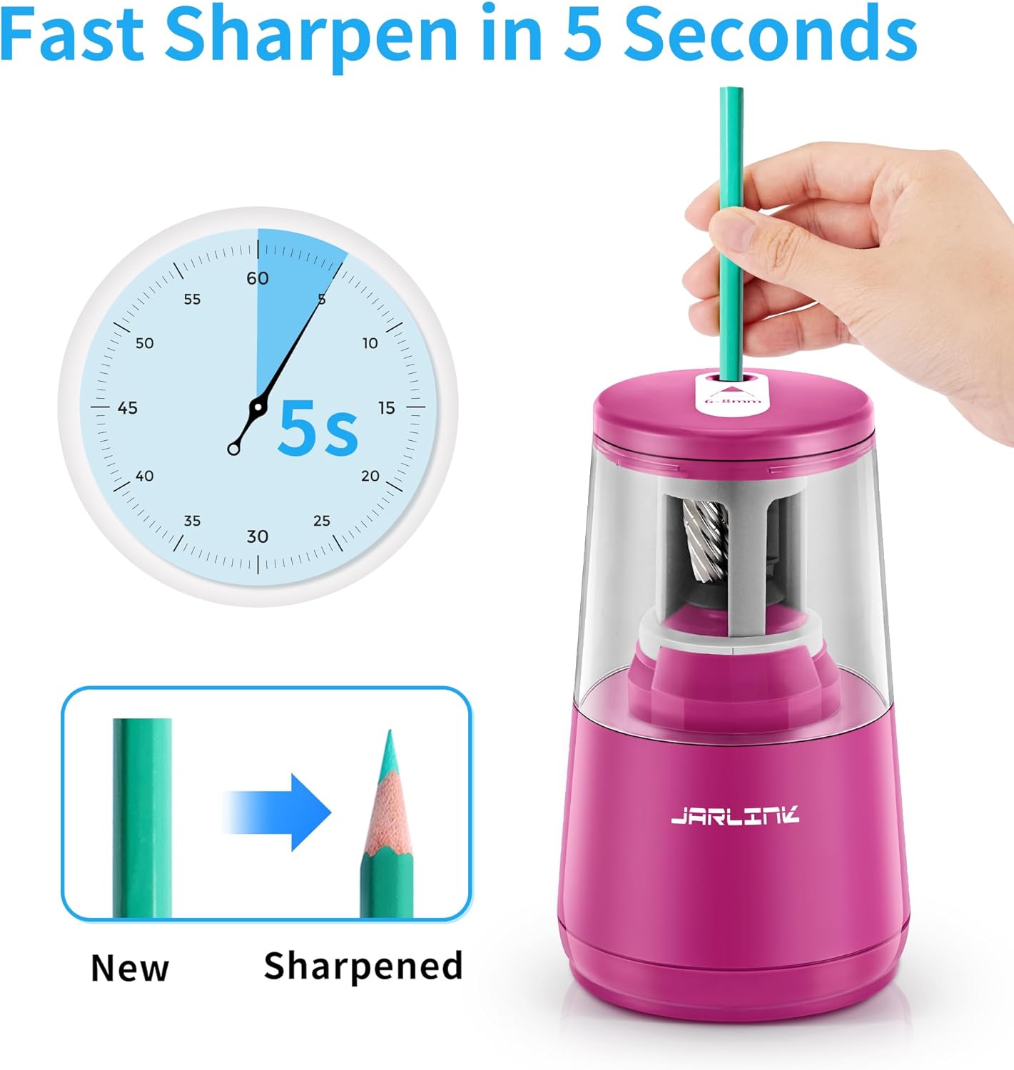 JARLINK Electric Pencil Sharpener, Heavy-Duty Helical Blade to Fast Sharpen, Auto Stop for No.2/Colored Pencils(6-8mm), AC Adapter/Battery Operated in School Classroom/Office/Home (Black)