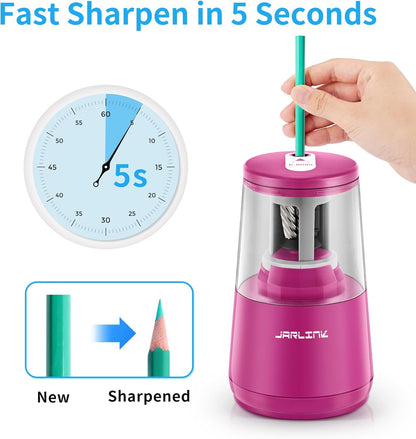 JARLINK Electric Pencil Sharpener, Heavy-Duty Helical Blade to Fast Sharpen, Auto Stop for No.2/Colored Pencils(6-8mm), AC Adapter/Battery Operated in School Classroom/Office/Home (Black)