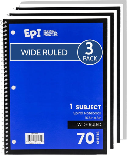 EPI Spiral Notebook | Wide - 70 Sheets, Durable Spiral Binding | 10.5 x 8 in | Classroom Supplies | School, Office, Note Taking, Journaling - 12 Pack