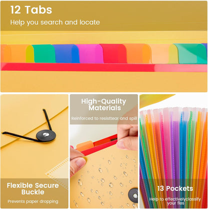 13 Pocket Expanding File Folder Accordian File Organizer, A4 Letter Size Paper Document Receipt Holder for School Office Supplies, Black