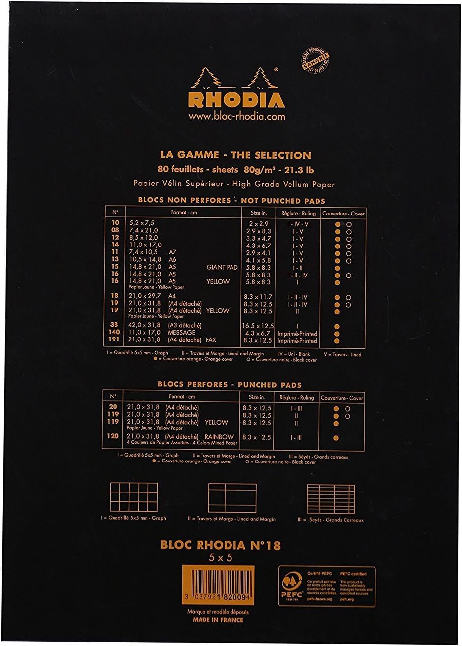 Rhodia Head Stapled Pad No16 A5, Ruled + Margin, 148x210mm-Black