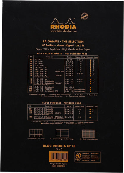 Rhodia Head Stapled Pad No16 A5, Ruled + Margin, 148x210mm-Black