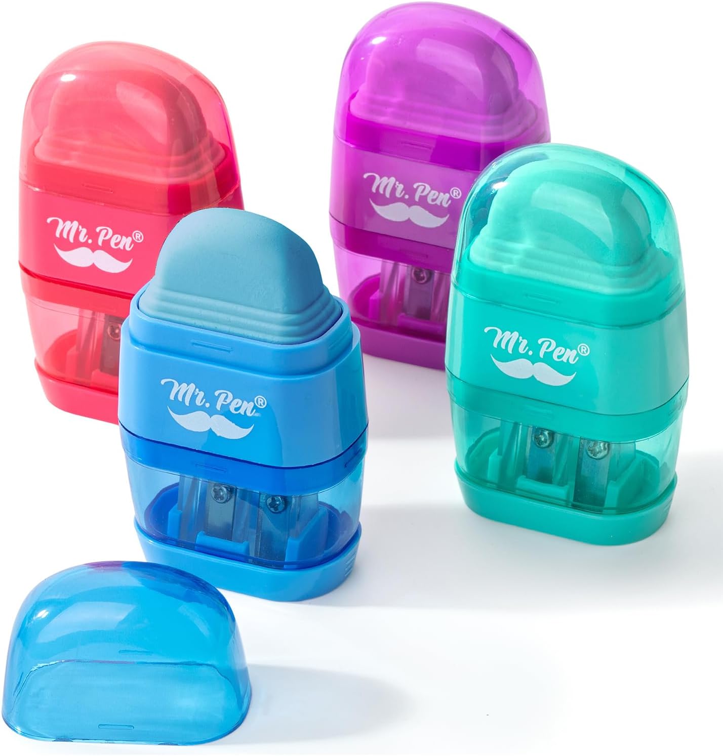 Mr. Pen- Pencil Sharpener & Eraser, 4 Pack, 2-in-1 Manual Sharpeners with Canister, 2 Sharpening Holes for Standard & Jumbo Pencils, Colorful Dual Hole Design for School, Office, Home, Kids