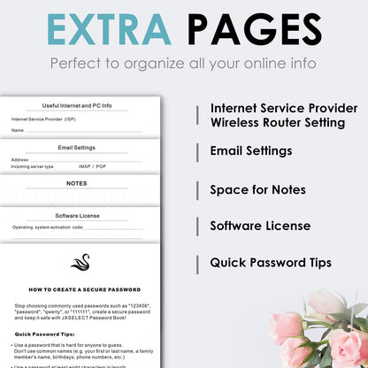 Elegant Password Book with Alphabetical Tabs - Hardcover Password Book for Internet Website Address Login - 5.2" x 7.6" Password Keeper and Organizer w/Notes Section & Back Pocket (Turquoise)