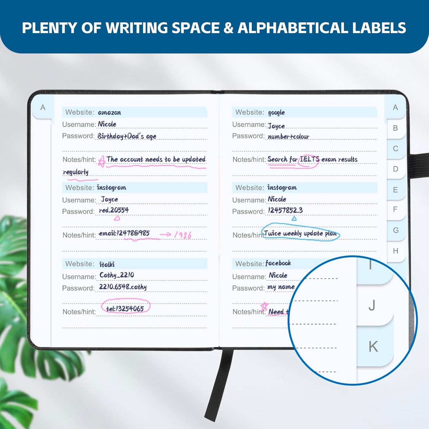 MOSA BEAR Password Keeper Book with Alphabetical Tabs，4.3"x5.7" Small Password Books for Seniors Password Notebook for Internet Website Address Log in Detail（Dark Blue）