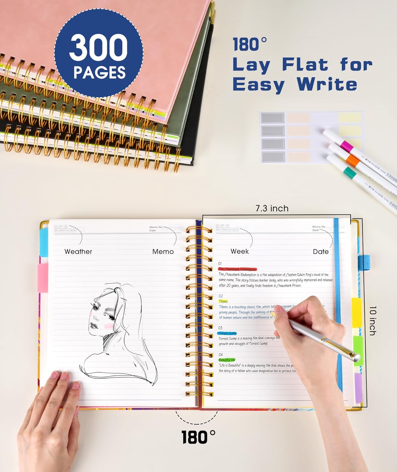 Hardcover Spiral Notebook Journal with Removable Dividers Tabs, 300 Pages Leather 5 Subject Notebook College Ruled, 8"x10" Large B5 Notebooks for Work School Note taking, Lined Journal for Women, Pink