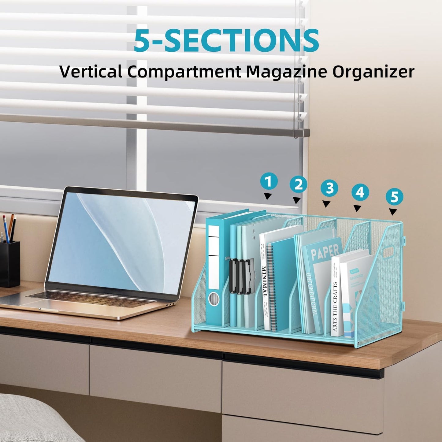 SUPEASY Binder Organizer, Magazine File Holder with 5 Vertical Compartments Rack, Metal Desk File Organizer & Binder Holders, Magazine Organizers for Office Desktop, Home, School, Classroom (Black)