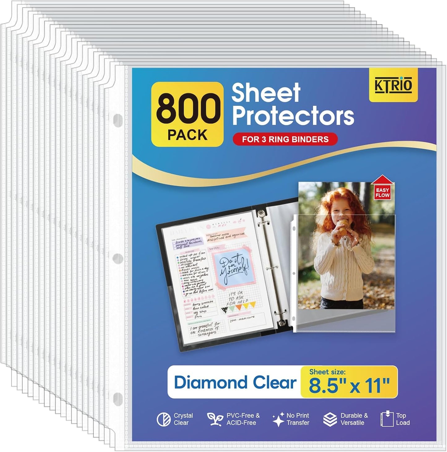 KTRIO Sheet Protectors for 3 Ring Binder 500 Pack, Clear Page Protectors 8.5 x 11, Plastic Binder Sleeves for Paper, Top Loading, Office Home School