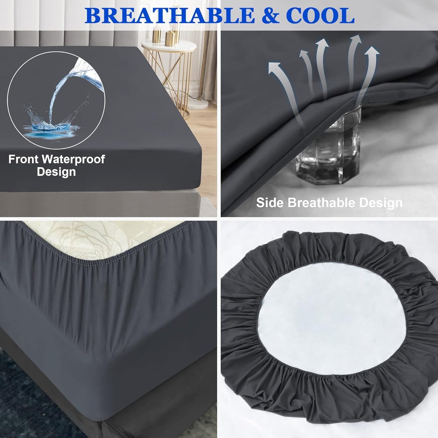 Sufdari Mattress Protector,Waterproof 18" Deep Pocket Mattress Cover Fitted Sheet Style with Elastic Rubber Band,Washable and Easy Care-Black,Queen