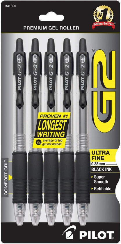 PILOT G2 Premium Refillable and Retractable Rolling Ball Gel Pens, Ultra Fine Point, Black Ink, 5-Pack (31306)