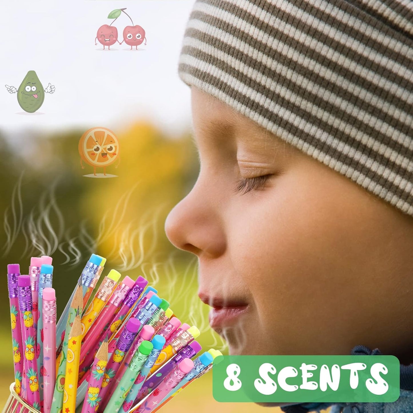 Leinuosen 48 Pcs Scented Pencils for Kids Cute Motivational Colorful Fun Wood HB Pencils Bulk with Erasers Fruit Elements for School Office Classroom Student